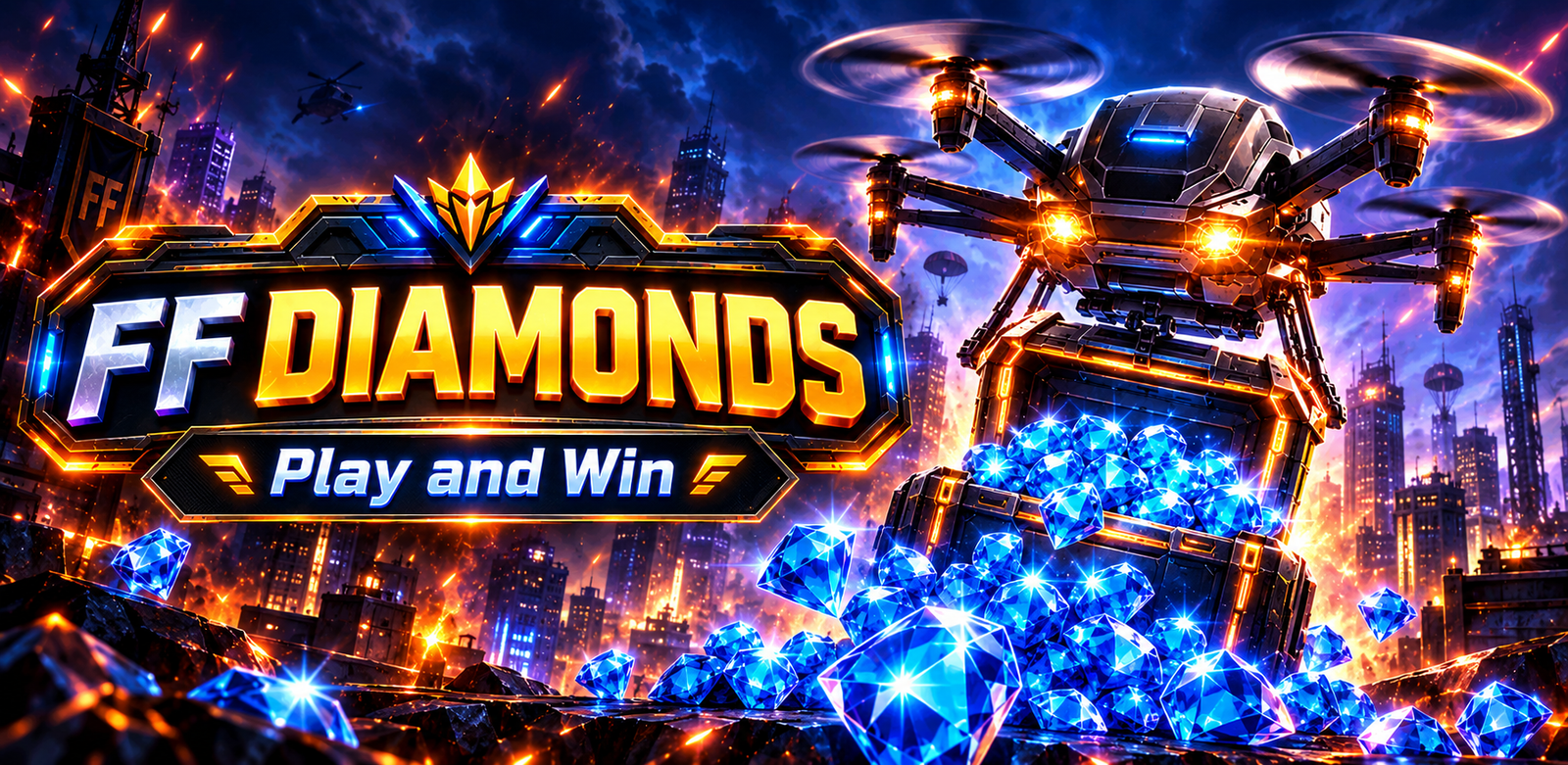 FF Diamond : Play and Win promotional artwork with a drone and blue diamonds